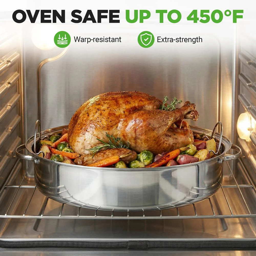 20" Oval Roasting Pan - Tender Roasts - Stainless Steel, Dishwasher Safe - Image 4