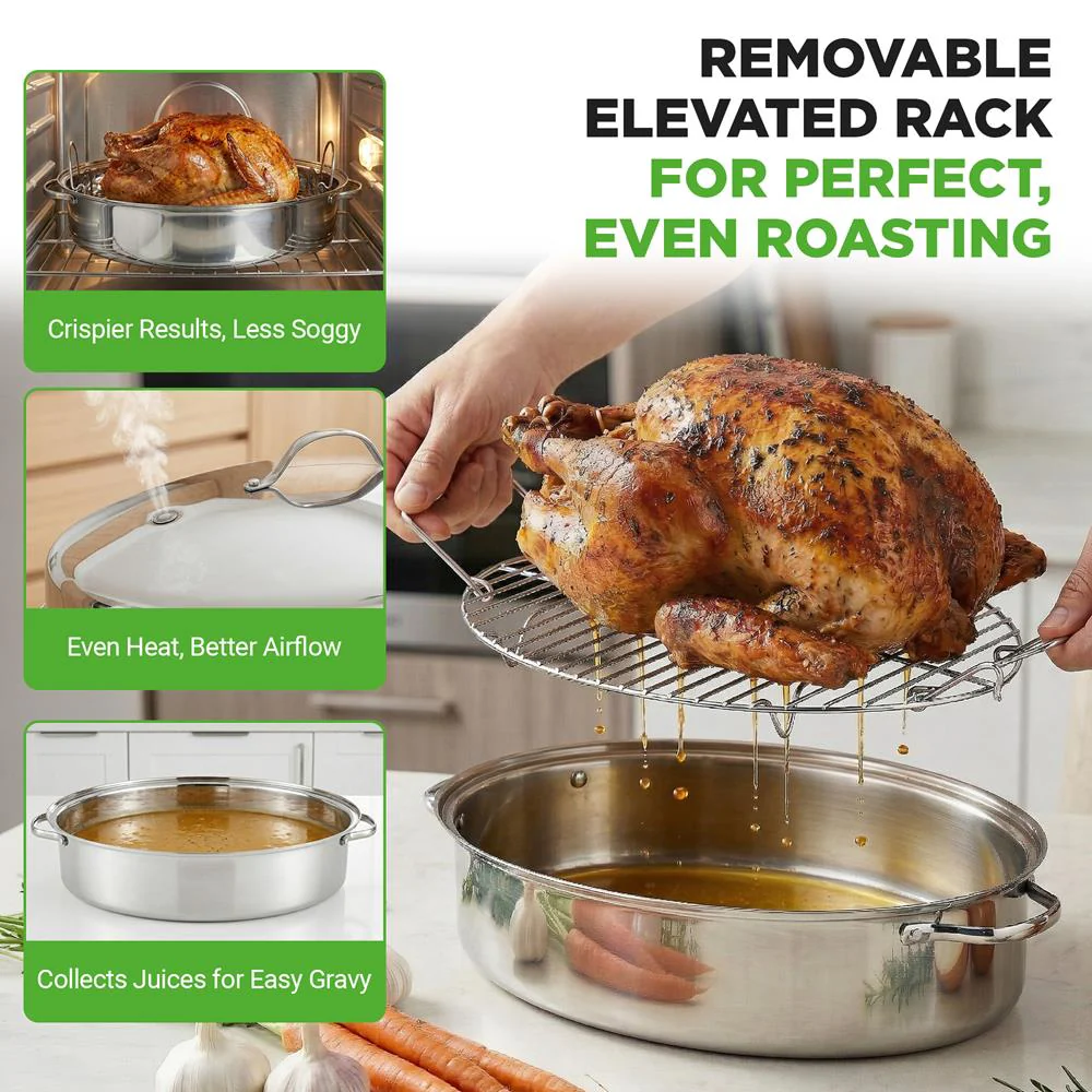 20" Oval Roasting Pan - Tender Roasts - Stainless Steel, Dishwasher Safe - Image 5