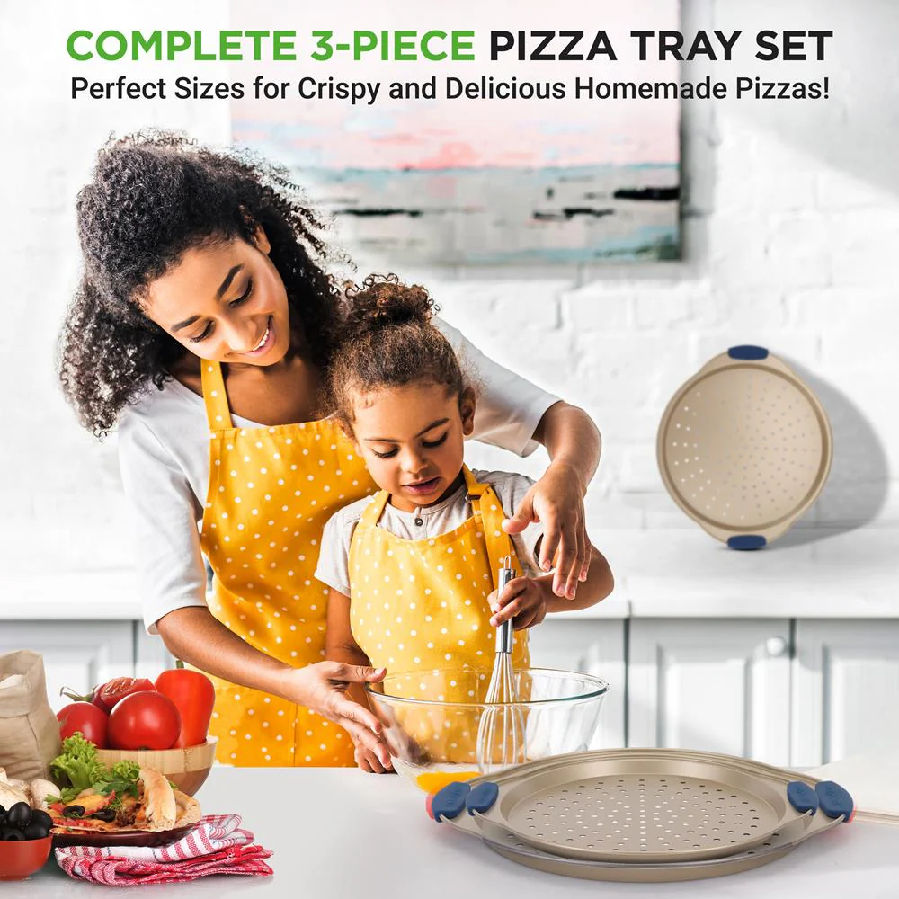 3-Piece Pizza Tray Set for Crispy Pizzas, Nonstick Carbon Steel, Gold - Image 2
