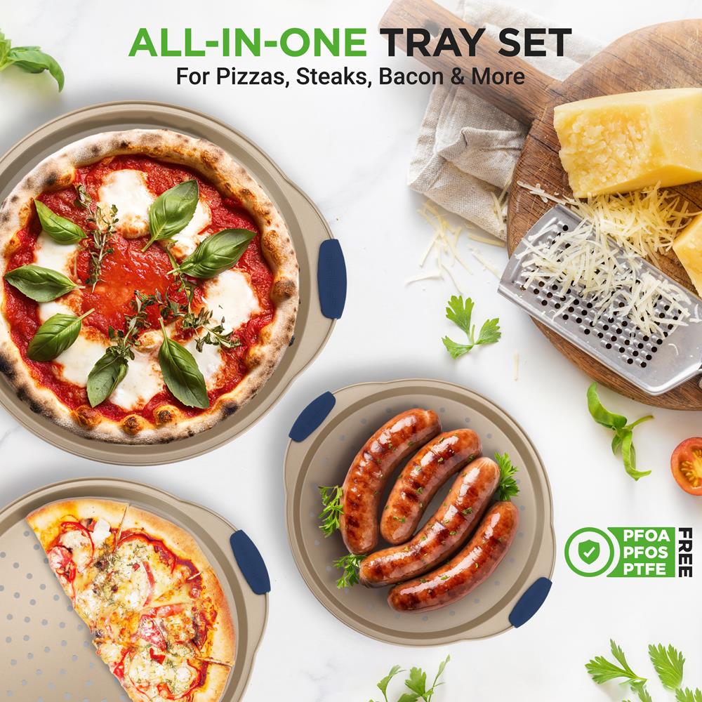 3-Piece Pizza Tray Set for Crispy Pizzas, Nonstick Carbon Steel, Gold - Image 3