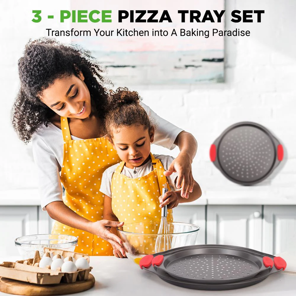 3-Piece Pizza Tray Set for Crispy Pizzas, Nonstick Carbon Steel, Gray - Image 2