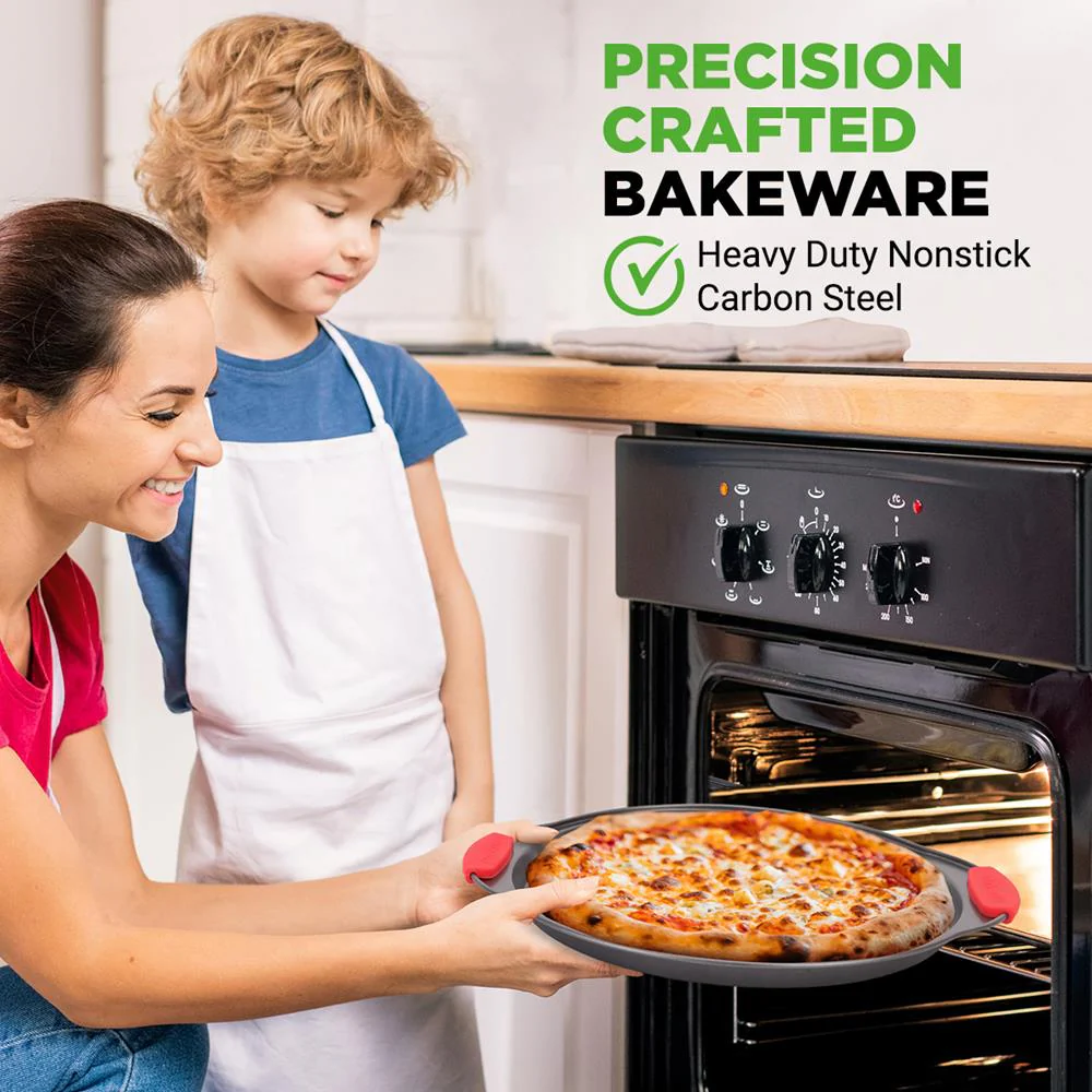 3-Piece Pizza Tray Set for Crispy Pizzas, Nonstick Carbon Steel, Gray - Image 4