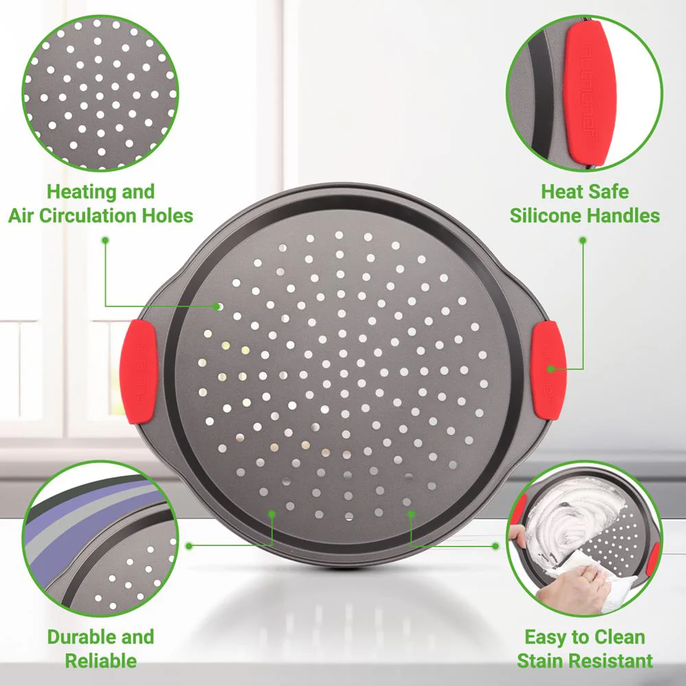3-Piece Pizza Tray Set for Crispy Pizzas, Nonstick Carbon Steel, Gray - Image 5