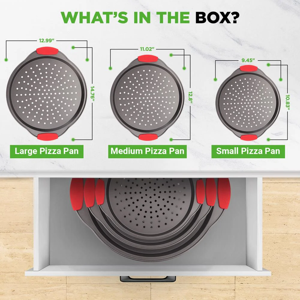 3-Piece Pizza Tray Set for Crispy Pizzas, Nonstick Carbon Steel, Gray - Image 7
