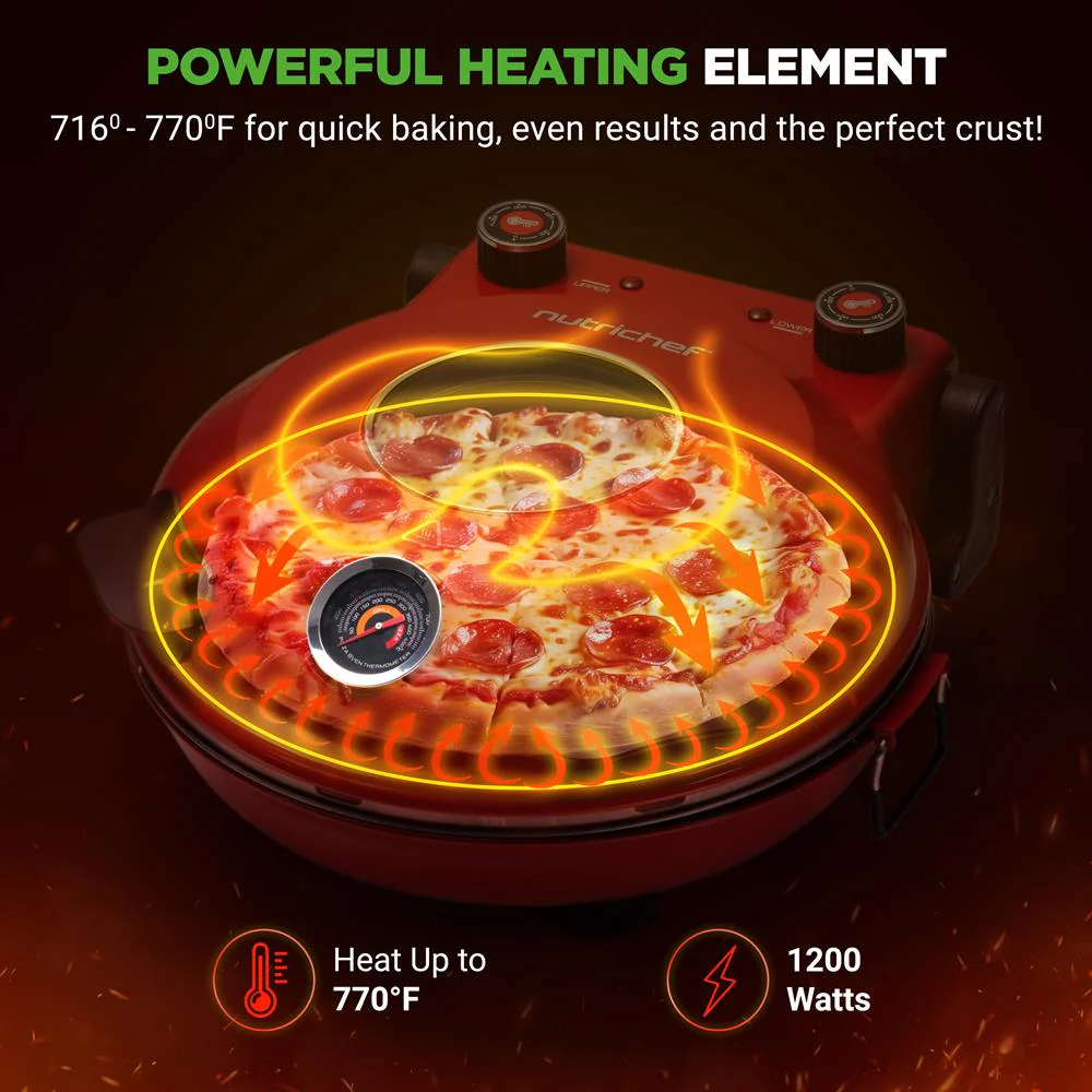 Electric Pizza Oven, Precise Cooking, Non-Stick Stone, Red - Image 2