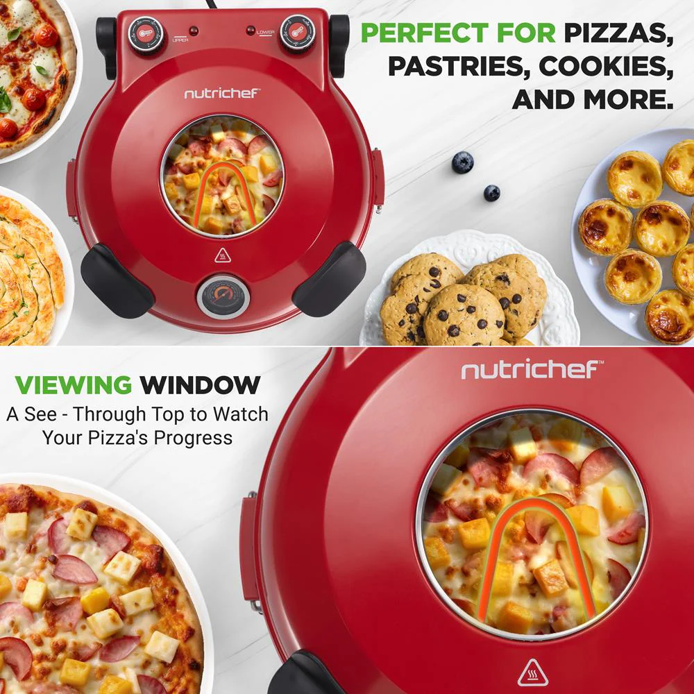 Electric Pizza Oven, Precise Cooking, Non-Stick Stone, Red - Image 4