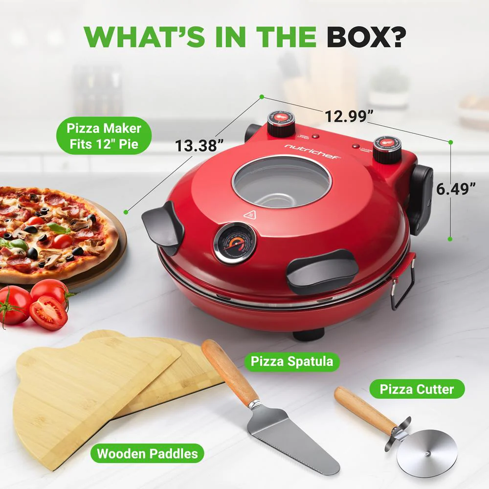 Electric Pizza Oven, Precise Cooking, Non-Stick Stone, Red - Image 7