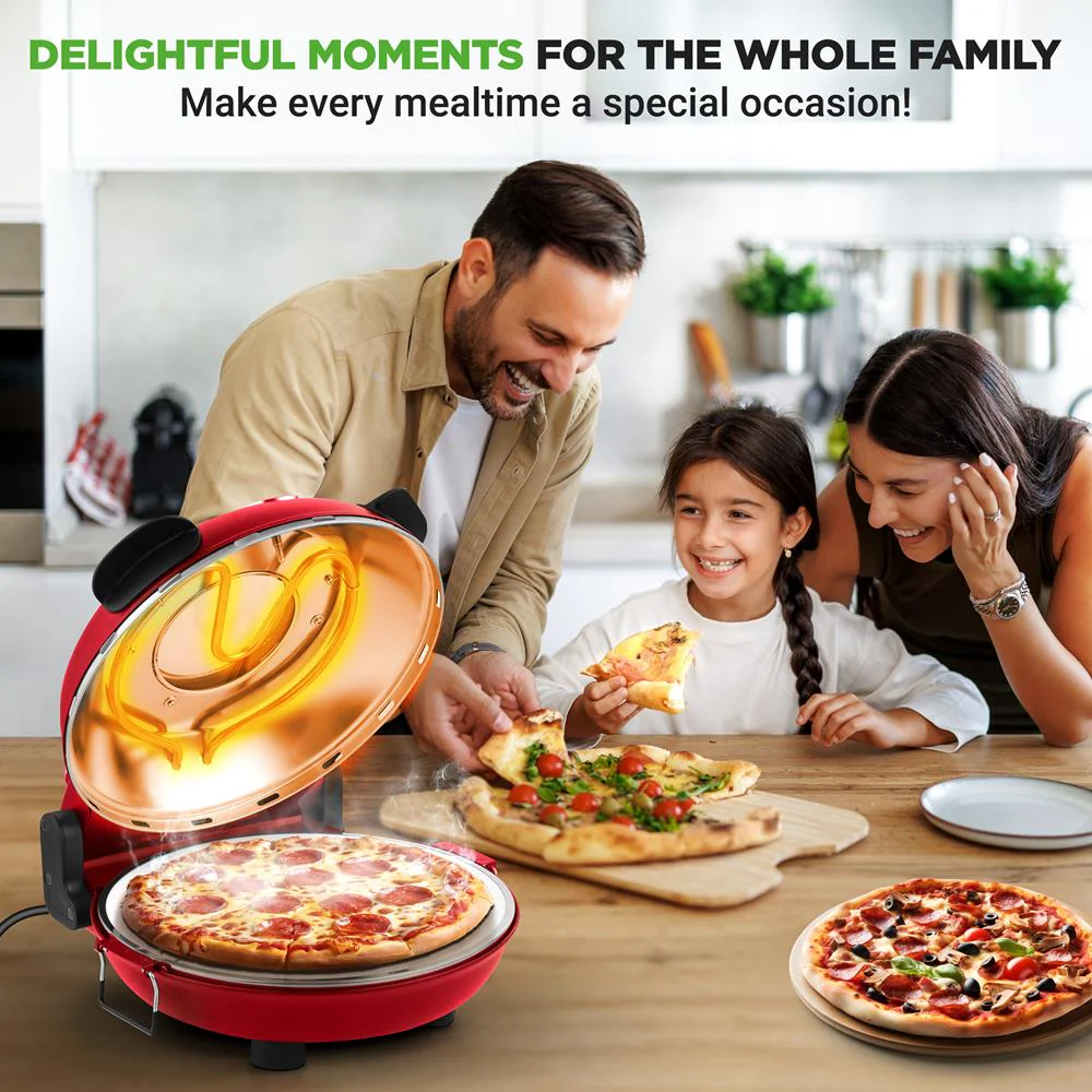 Electric Pizza Oven, Precise Cooking, Non-Stick Stone, Red - Image 8