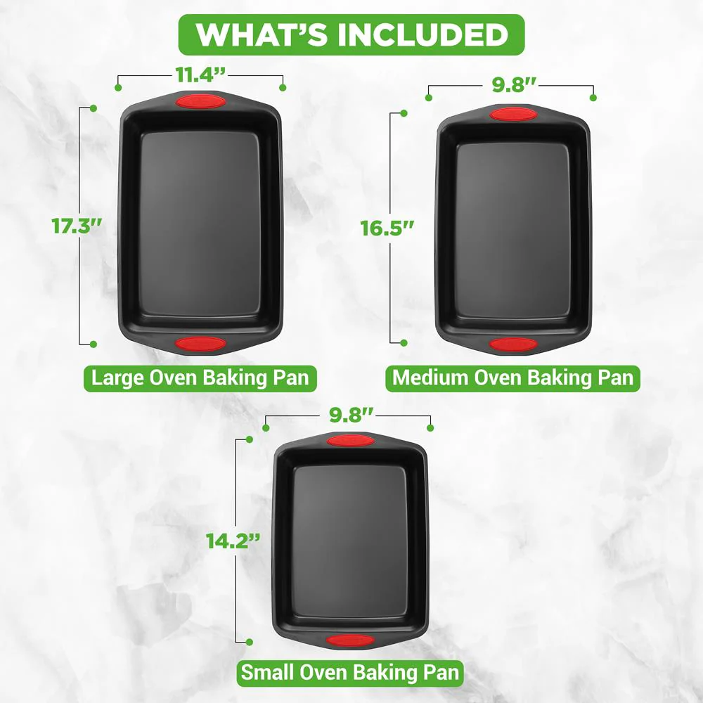 3-Piece Nonstick Baking Pan Set - Easy Clean Carbon Steel 0.6mm, Red Handles - Image 3