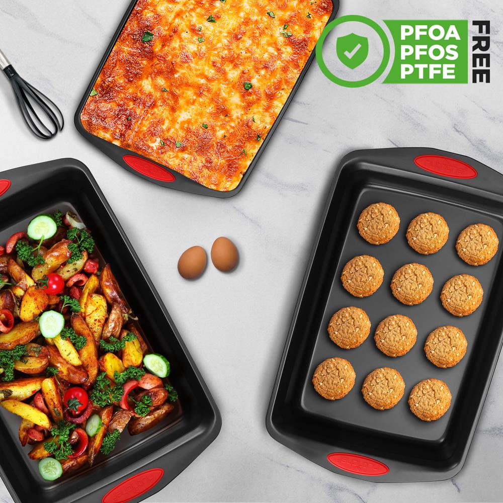 3-Piece Nonstick Baking Pan Set - Easy Clean Carbon Steel 0.6mm, Red Handles - Image 4