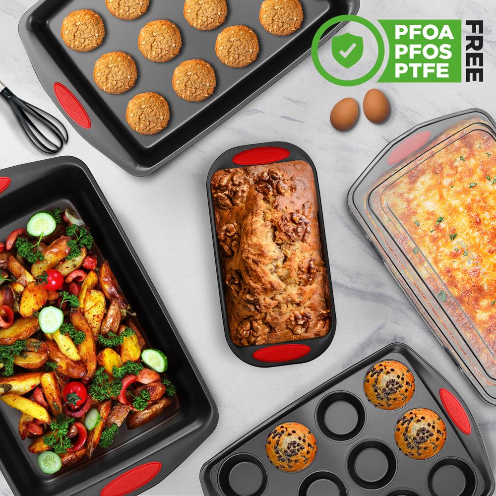 6-Piece Nonstick Bakeware Set - Easy Clean Carbon Steel, Red Handles - Image 3
