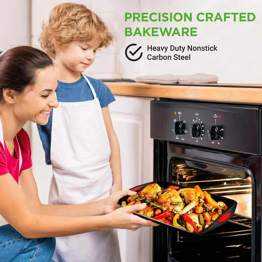 6-Piece Nonstick Bakeware Set - Easy Clean Carbon Steel, Red Handles - Image 4