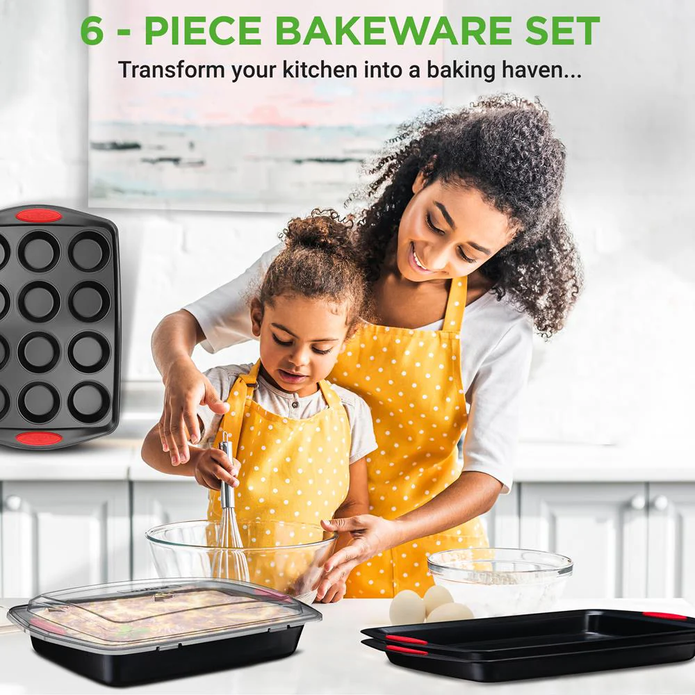 6-Piece Nonstick Bakeware Set - Easy Clean Carbon Steel, Red Handles - Image 6