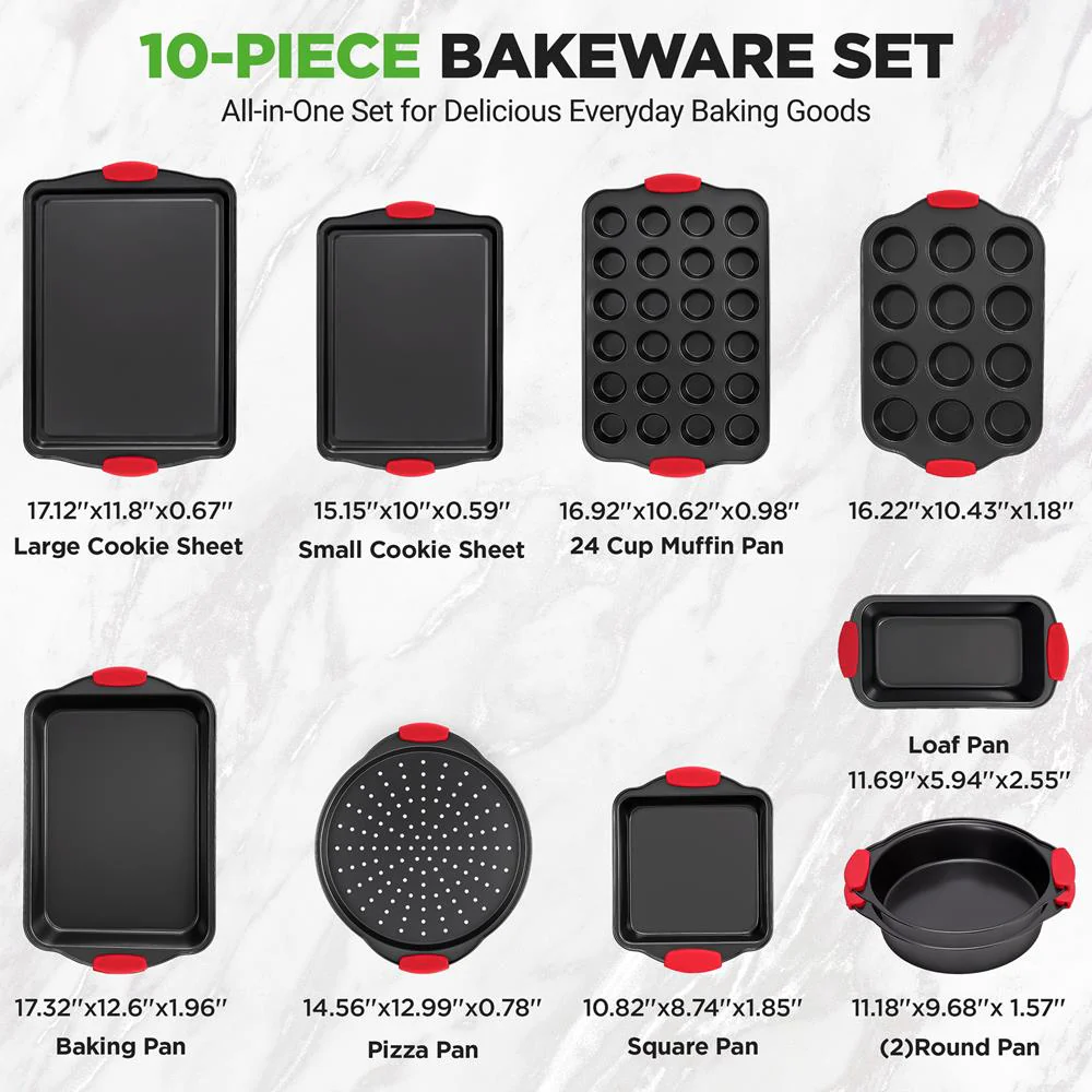 10-Piece Nonstick Bakeware Set, Easy Clean Carbon Steel, Red Handles - Image 4