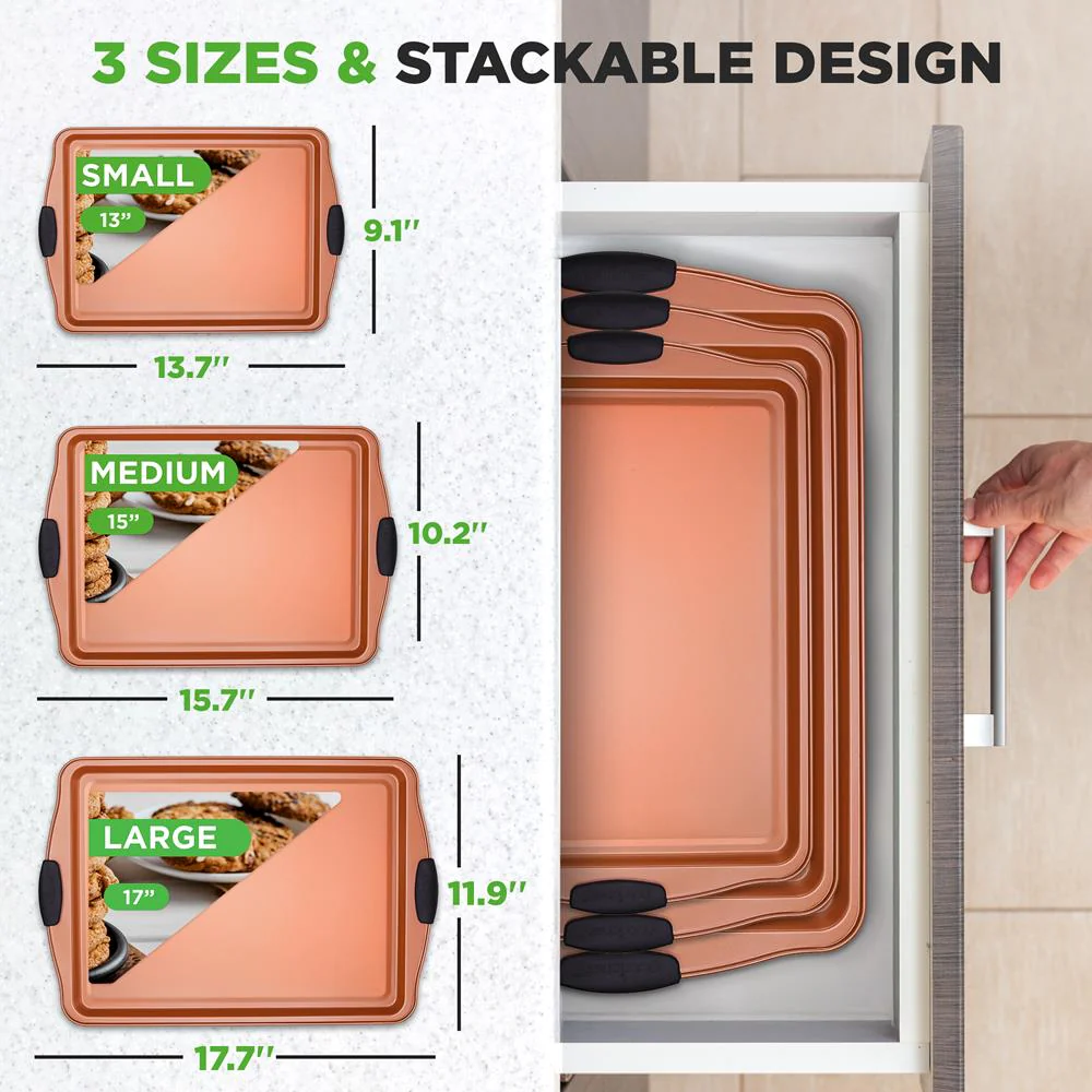 3-Piece Nonstick Bakeware Set - Flexible Carbon Steel, Silicone Handles - Image 3