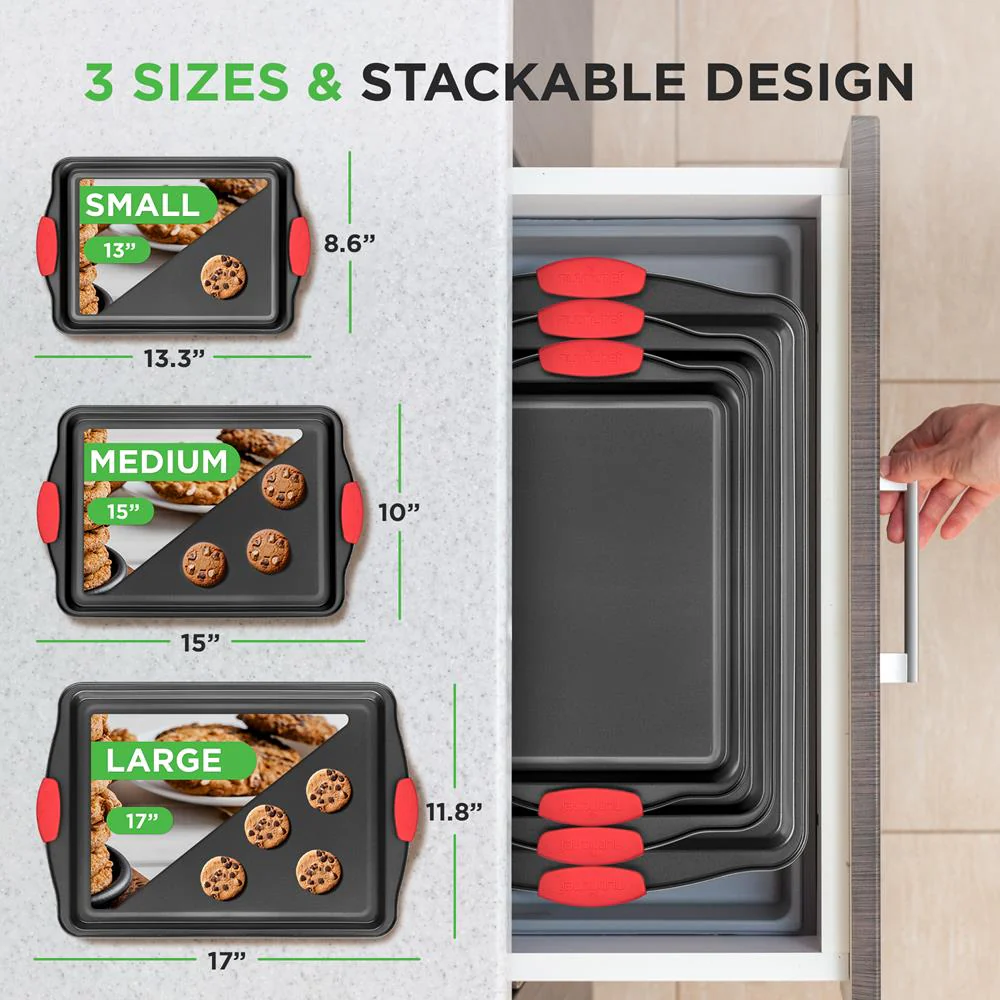 3-Piece Nonstick Baking Pan Set - Easy Clean Carbon Steel 0.4mm, Red Handles - Image 2