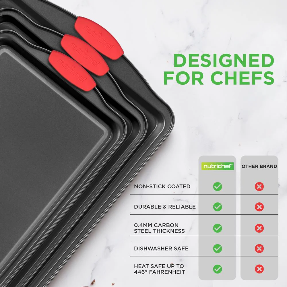 3-Piece Nonstick Baking Pan Set - Easy Clean Carbon Steel 0.4mm, Red Handles - Image 6