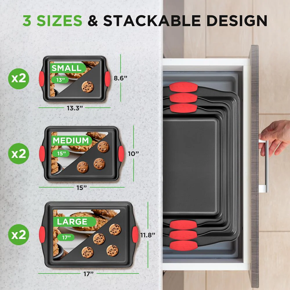 3-Piece Nonstick Baking Pan Set - Easy Clean Carbon Steel 0.4mm, Red Handles - Image 4