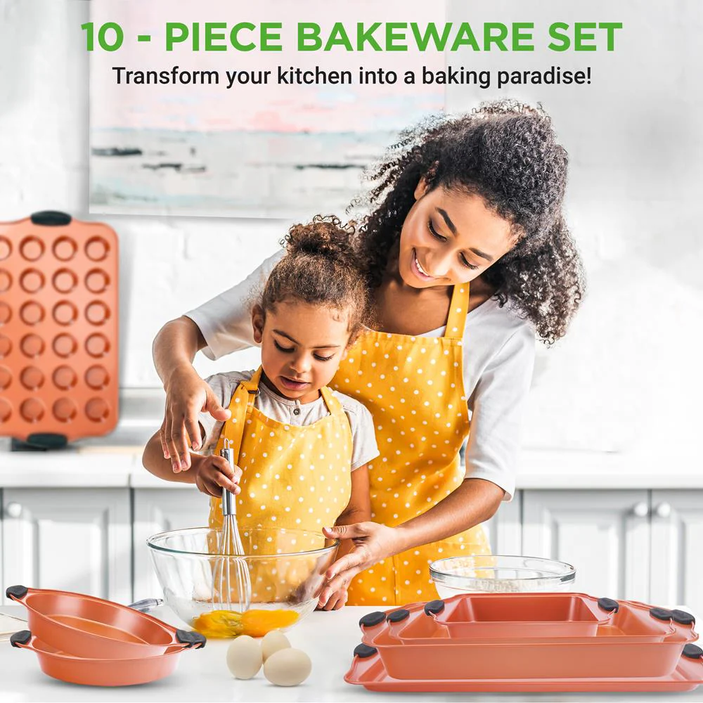 10-Piece Nonstick Bakeware Set, Even Heating, Carbon Steel, Blue Handles - Image 2