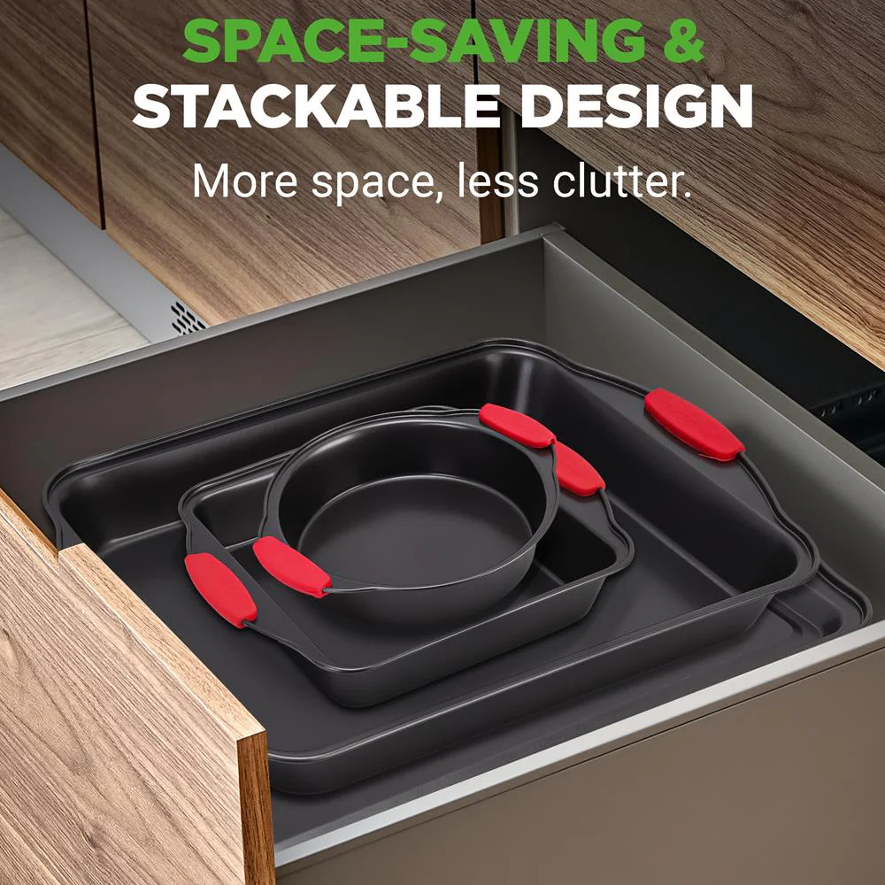 6-Piece Nonstick Bakeware Set, Carbon Steel, Red Silicone Handles - Image 3