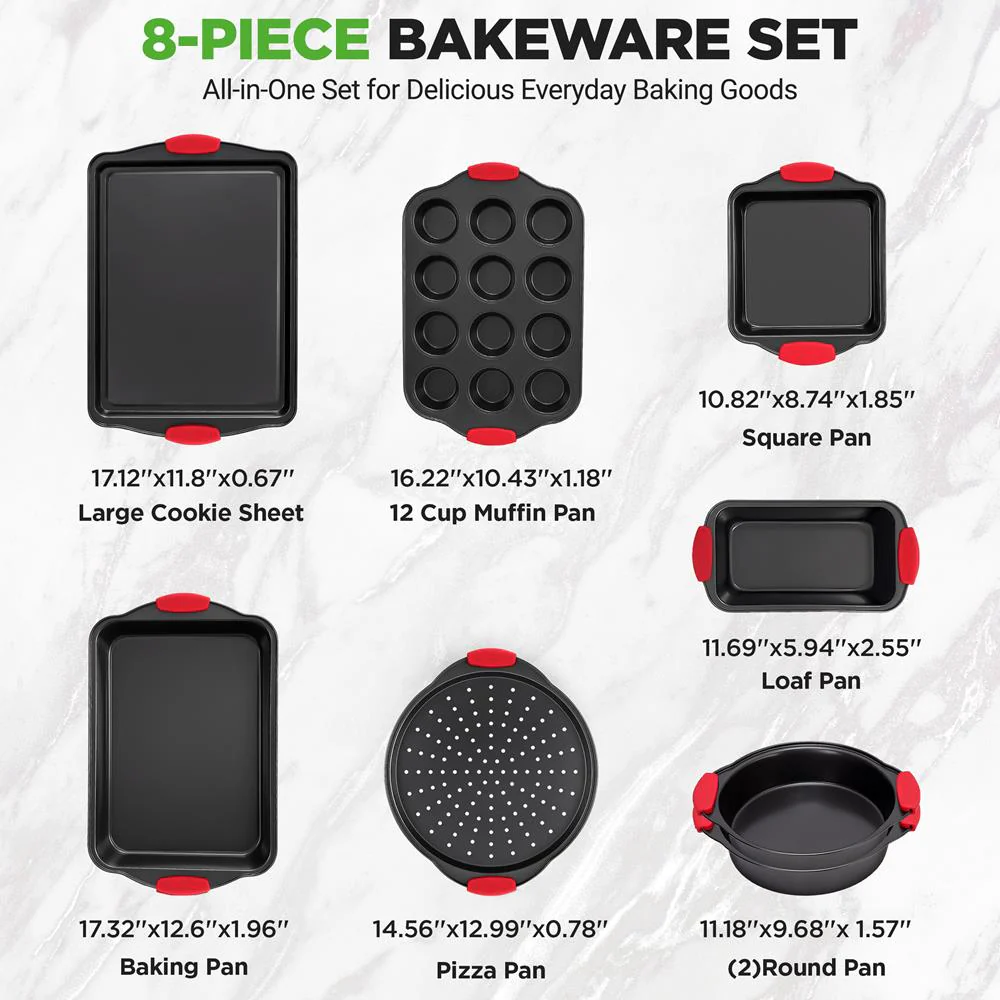 8-Piece Nonstick Bakeware Set, Carbon Steel, Red Silicone Handles - Image 4