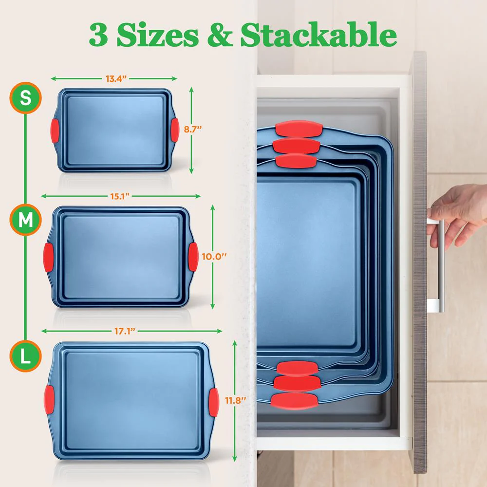 3-Piece Nonstick Cookie Sheets Set, Carbon Steel, Blue - Image 2