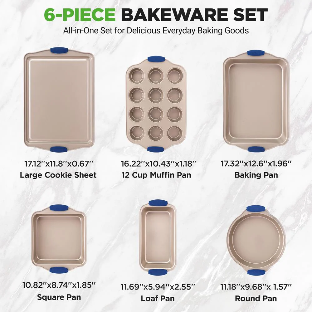6-Piece Nonstick Bakeware Set - Easy Clean Carbon Steel, Blue Handles - Image 4