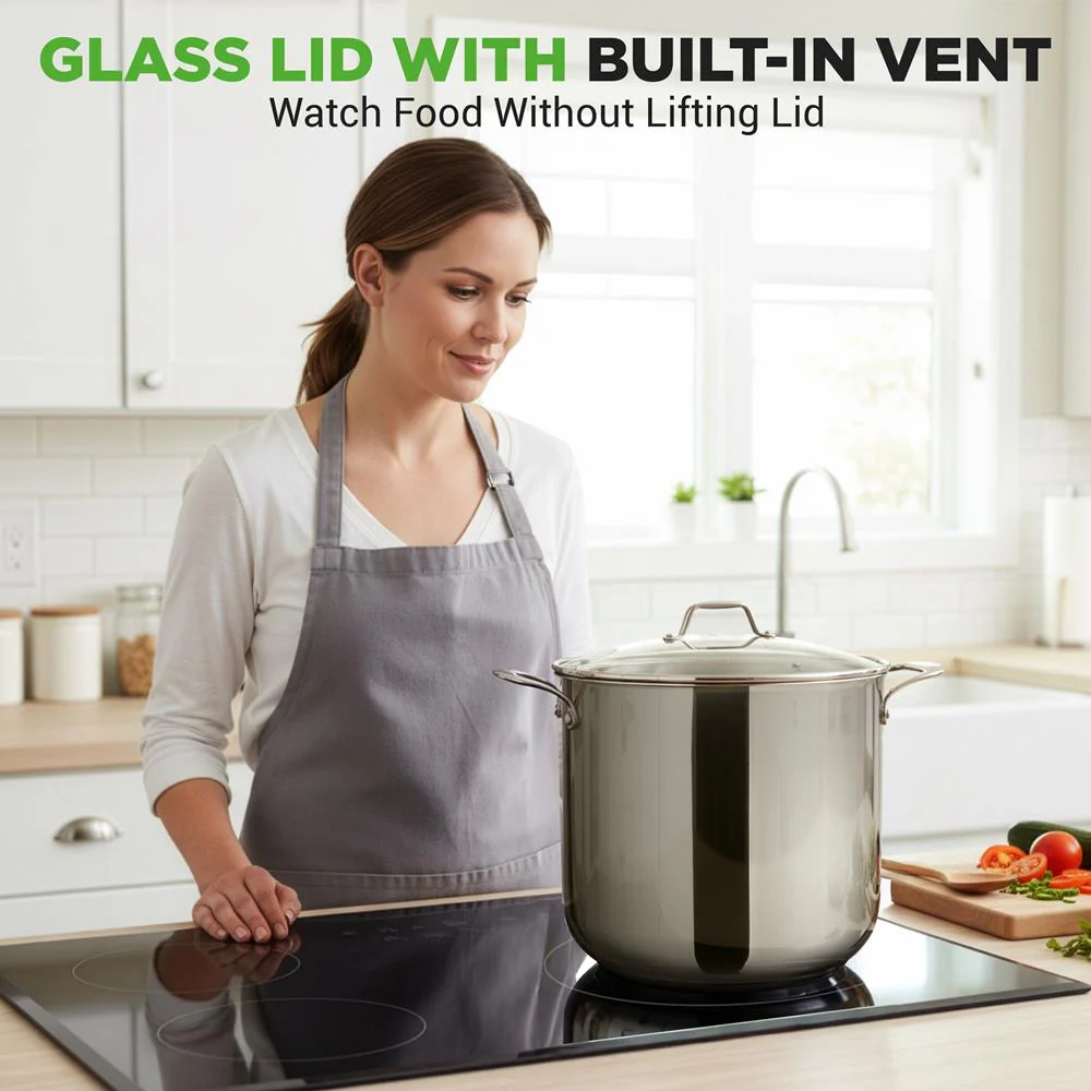 15-Quart Stainless Steel Stock Pot, Induction Safe, Tempered Glass Lid - Image 3