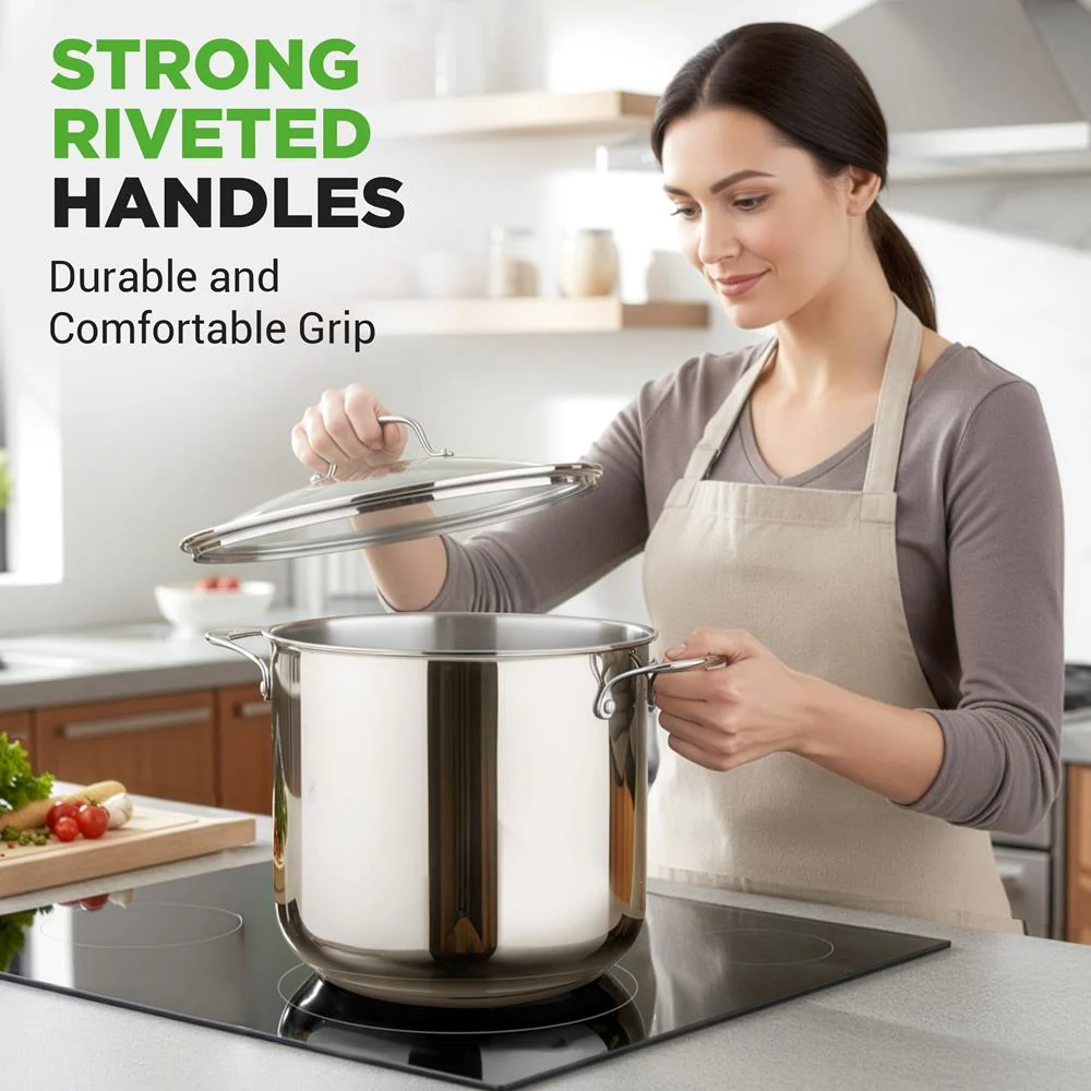 15-Quart Stainless Steel Stock Pot, Induction Safe, Tempered Glass Lid - Image 5