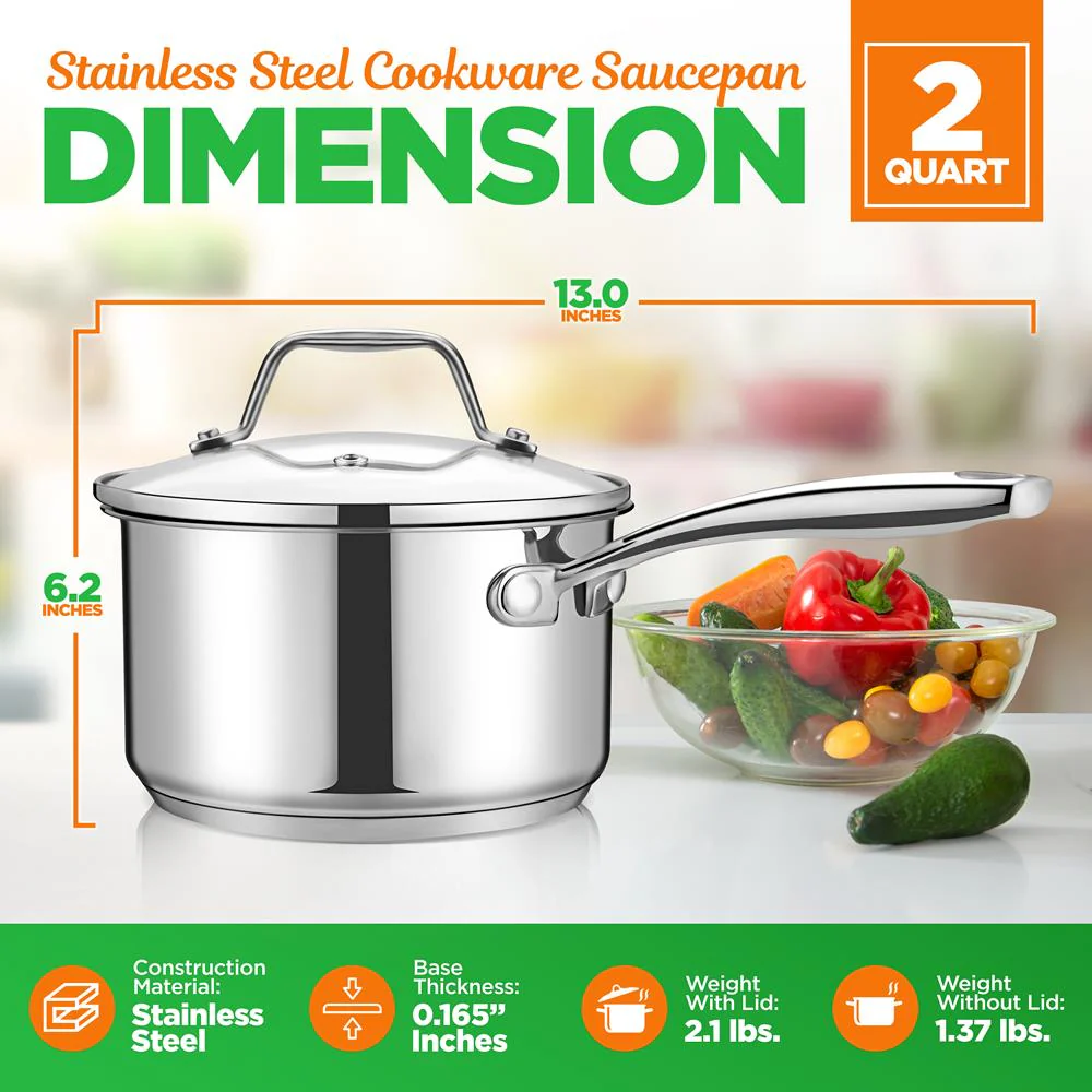 2 Quart Stainless Steel Saucepan - Even Heat, Tempered Glass Lid - Image 2