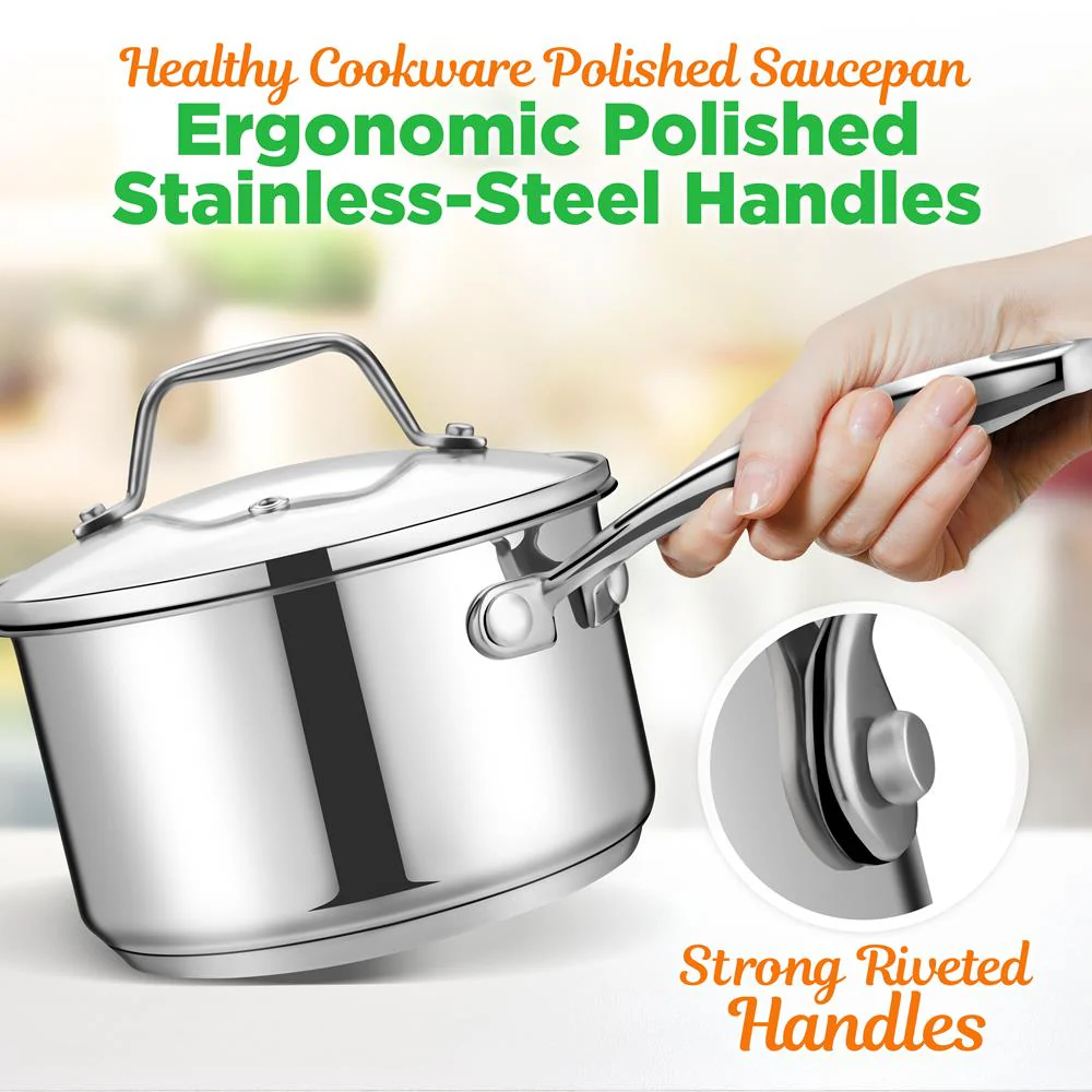 2 Quart Stainless Steel Saucepan - Even Heat, Tempered Glass Lid - Image 4