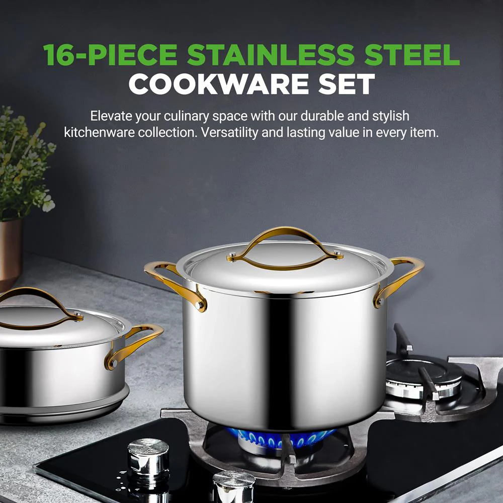 16-Piece Non-Stick Cookware Set, Even Heat, Stainless Steel, Golden Handles - Image 2