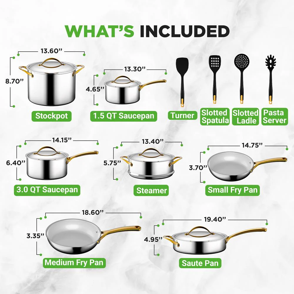 16-Piece Non-Stick Cookware Set, Even Heat, Stainless Steel, Golden Handles - Image 3