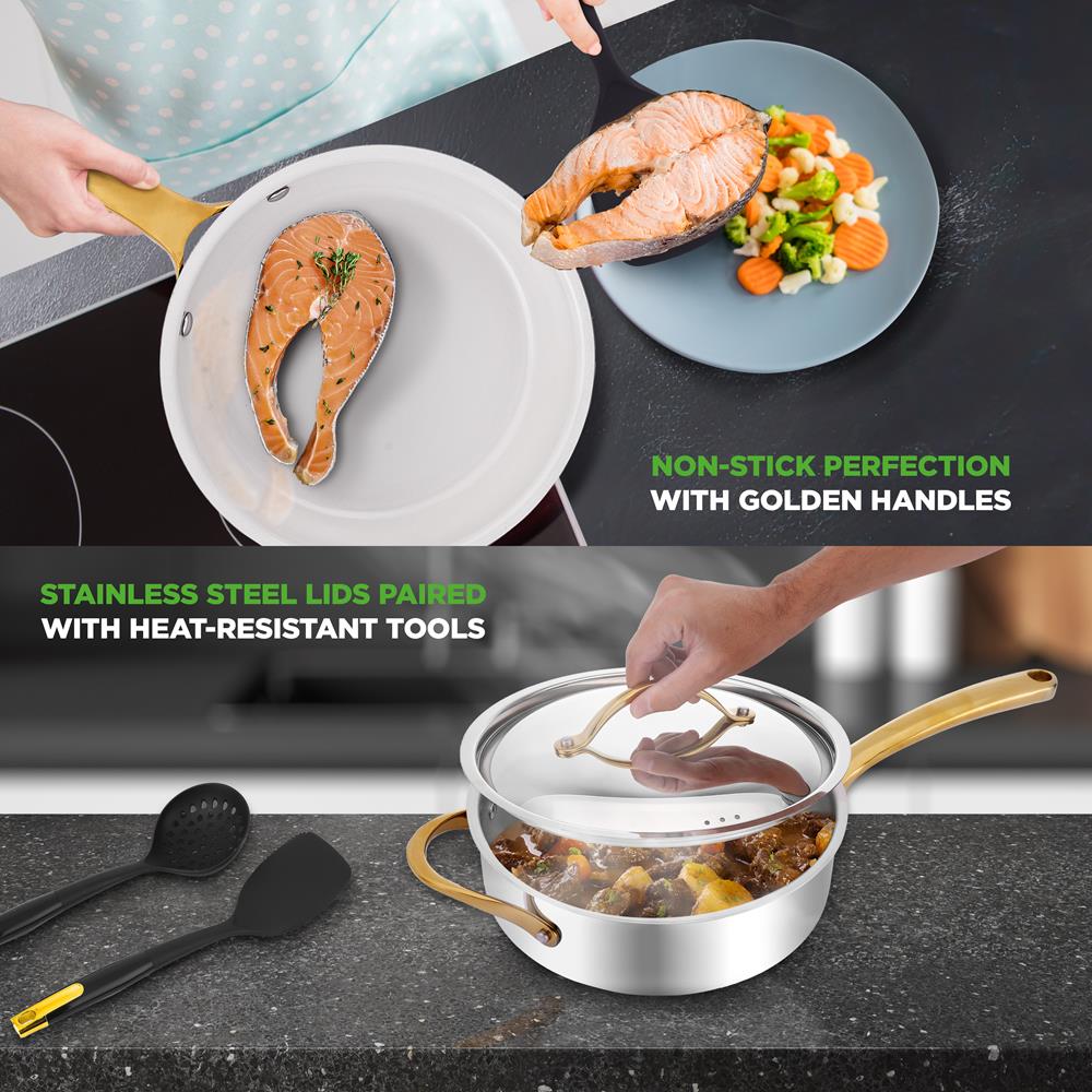 16-Piece Non-Stick Cookware Set, Even Heat, Stainless Steel, Golden Handles - Image 4