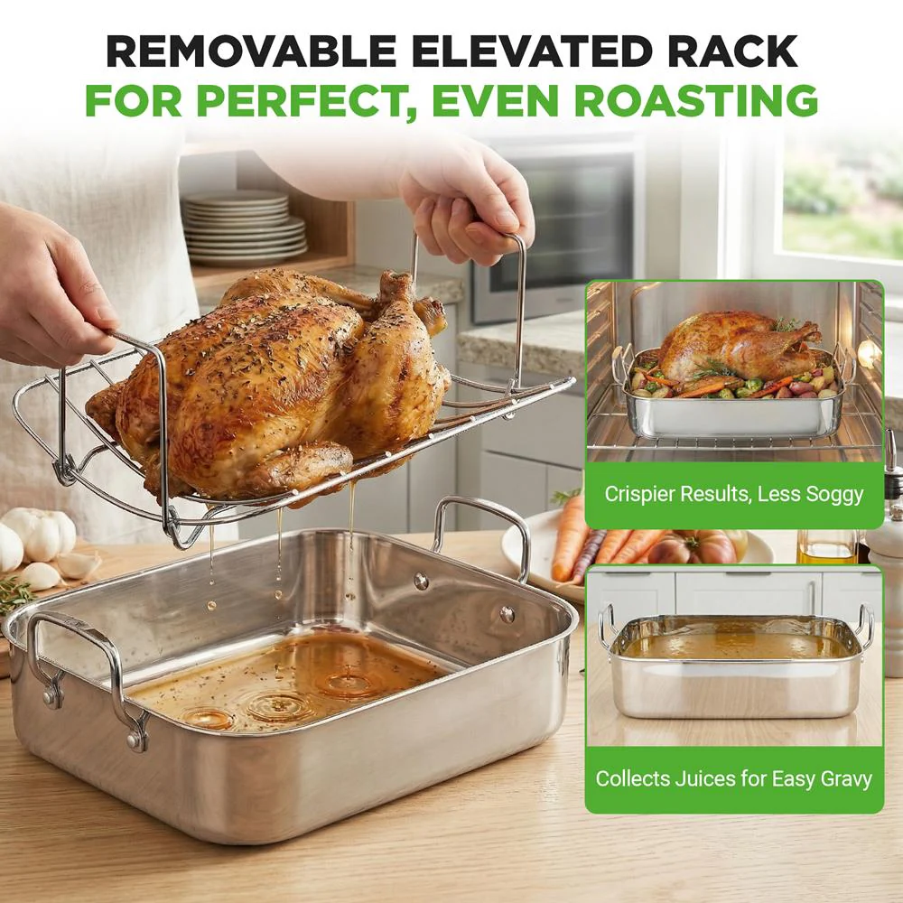 14" Stainless Steel Roasting Pan, Warp Resistant, Polished Rack - Image 5