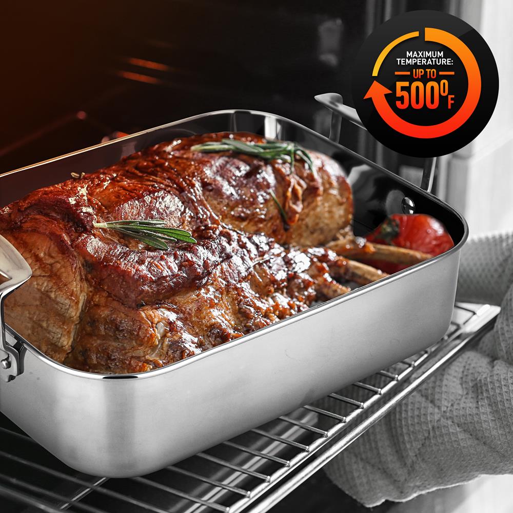 14" Stainless Steel Roasting Pan with Rack, Oven Safe, Easy Clean - Image 5