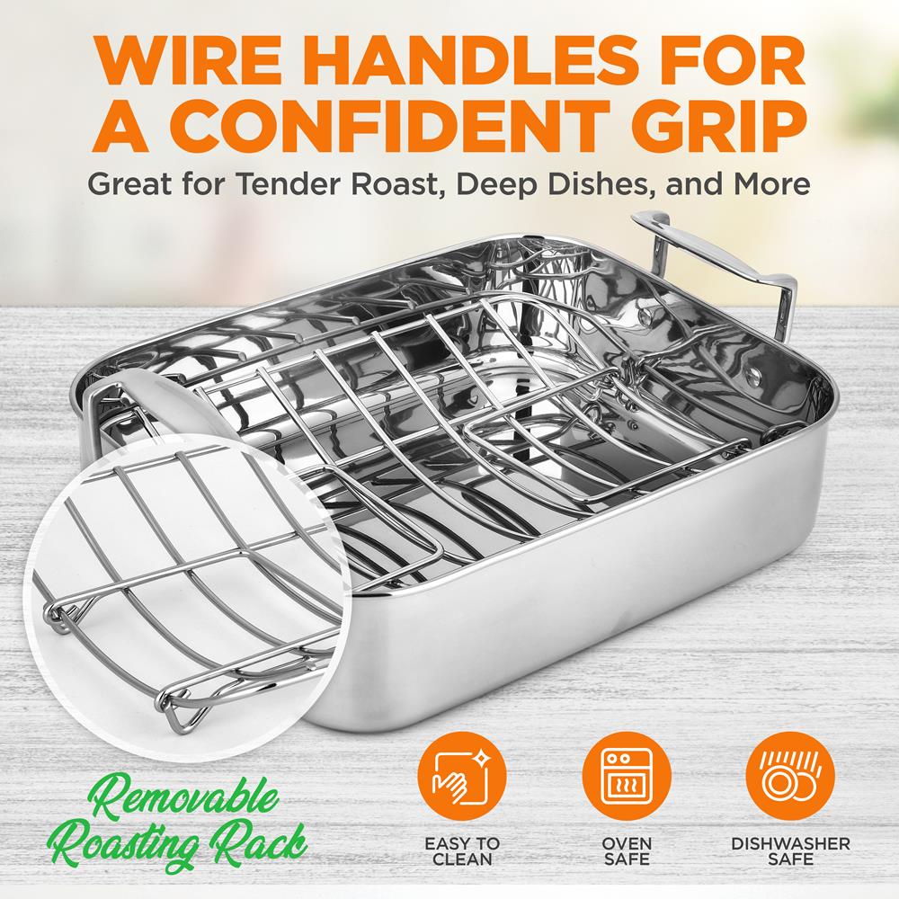 14" Stainless Steel Roasting Pan with Rack, Oven Safe, Easy Clean - Image 6