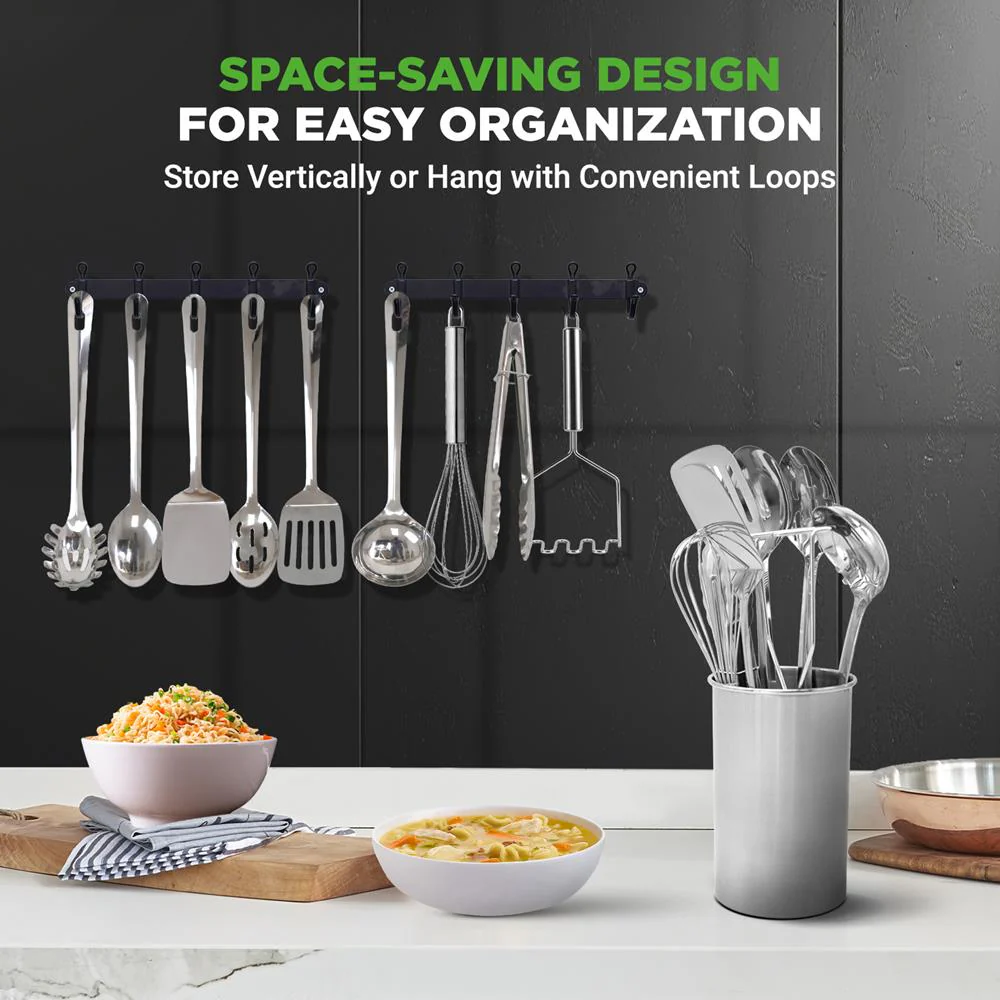 10 Pcs. Stainless Steel Kitchen Utensils Set  - Nonstick & Heat Resistant With High-Quality Ss Utensil Holder, Spoon, Slotted Spoon, Turner, Slotted Turner, Ladle, Pasta Server, Server, Food Tong, Masher And Whisk - Image 4