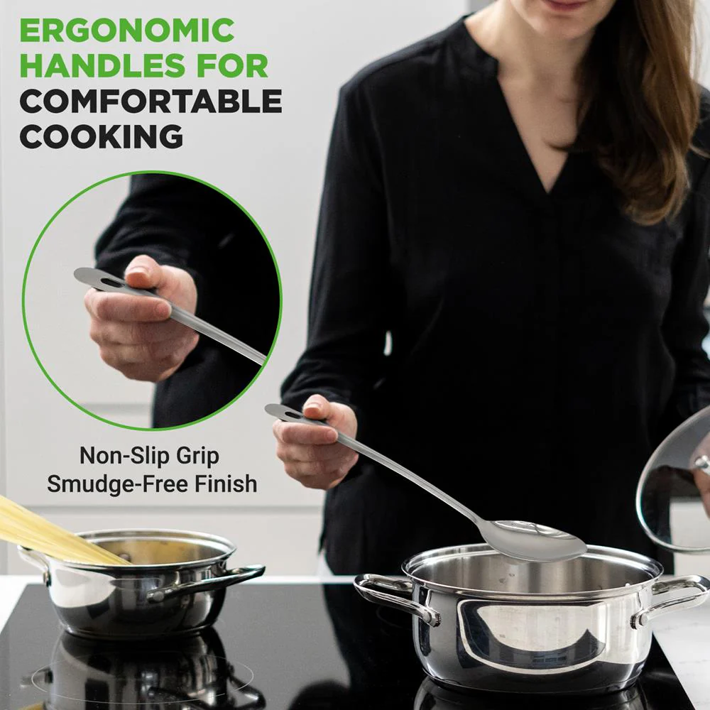 10 Pcs. Stainless Steel Kitchen Utensils Set  - Nonstick & Heat Resistant With High-Quality Ss Utensil Holder, Spoon, Slotted Spoon, Turner, Slotted Turner, Ladle, Pasta Server, Server, Food Tong, Masher And Whisk - Image 5