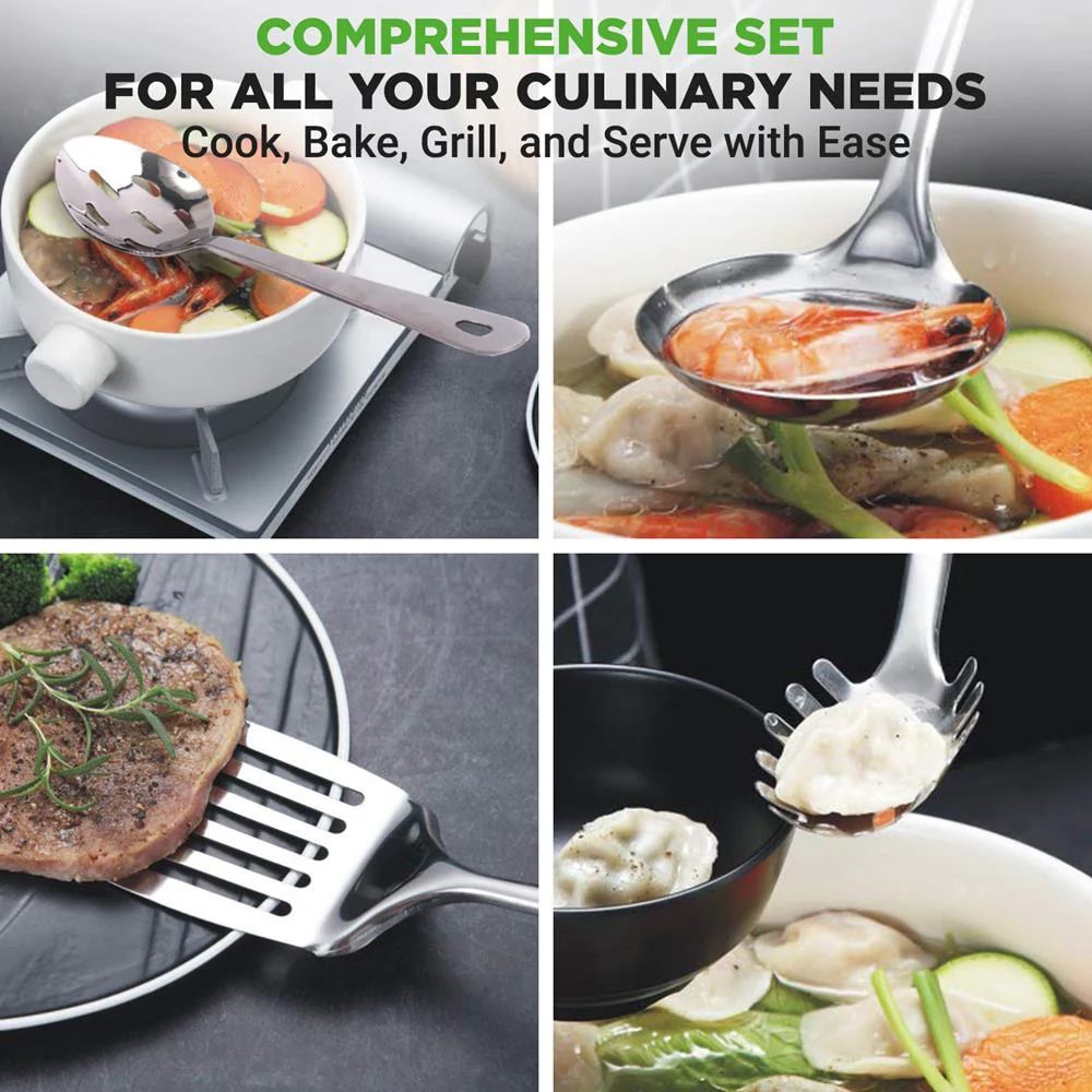 10 Pcs. Stainless Steel Kitchen Utensils Set  - Nonstick & Heat Resistant With High-Quality Ss Utensil Holder, Spoon, Slotted Spoon, Turner, Slotted Turner, Ladle, Pasta Server, Server, Food Tong, Masher And Whisk - Image 6