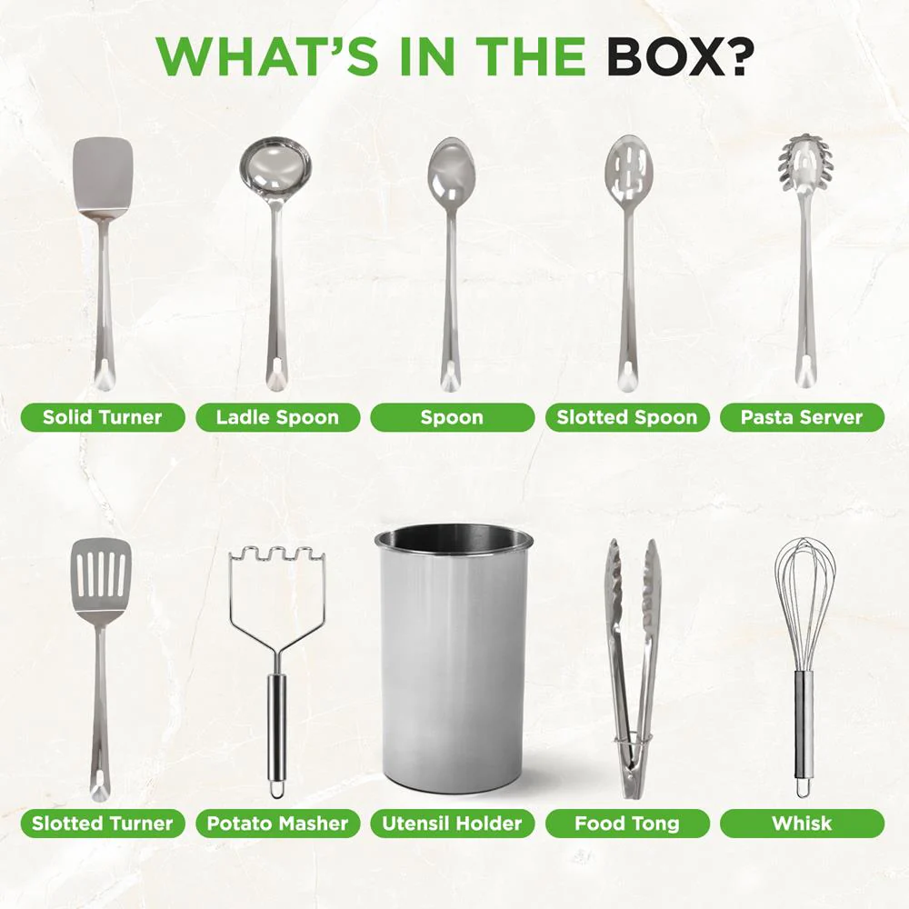 10 Pcs. Stainless Steel Kitchen Utensils Set  - Nonstick & Heat Resistant With High-Quality Ss Utensil Holder, Spoon, Slotted Spoon, Turner, Slotted Turner, Ladle, Pasta Server, Server, Food Tong, Masher And Whisk - Image 7