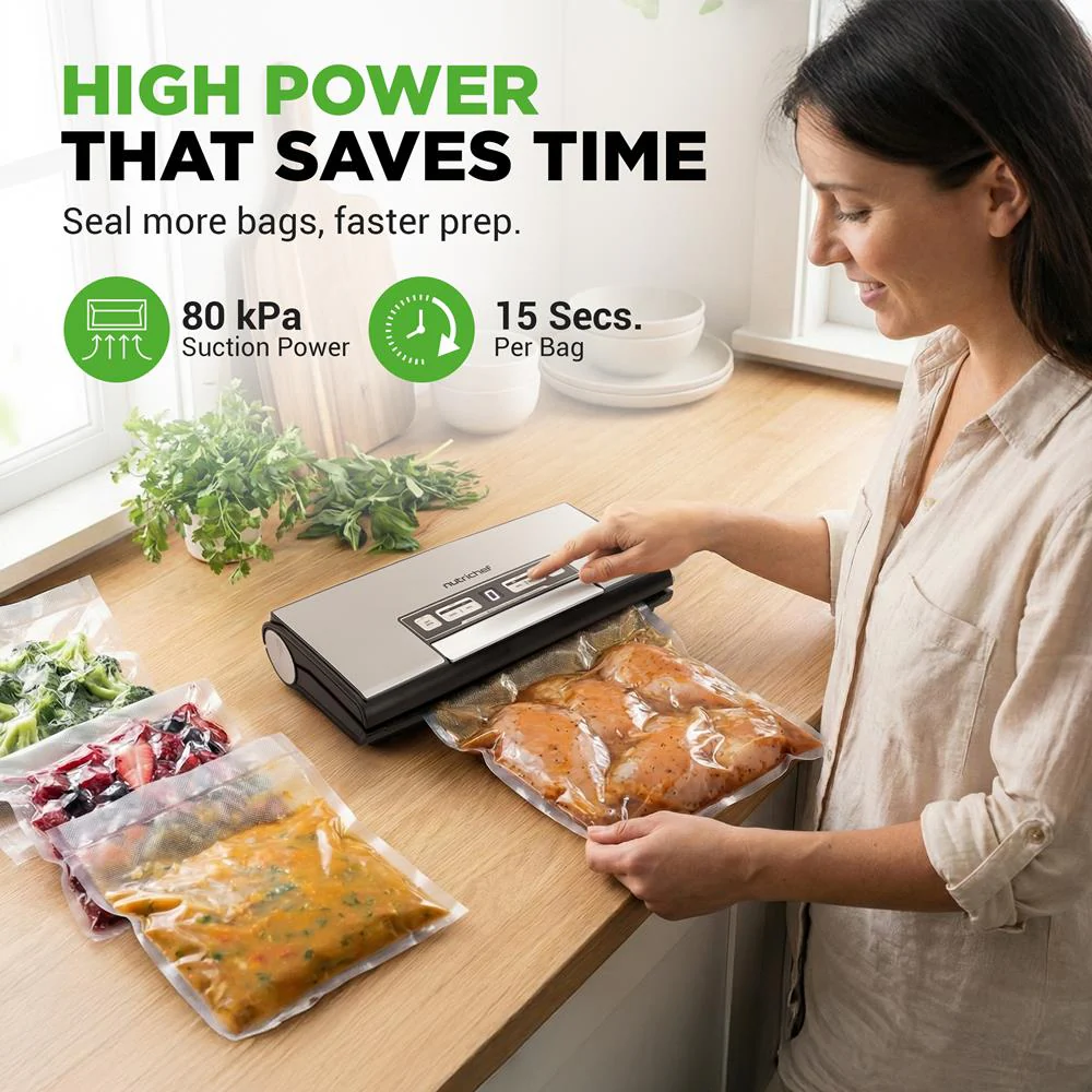 Nutrichef Vacuum Sealer Machine - 80Kpa Automatic Food Sealer With Built-In Cutter, Storage Bag Compartment, Air Suction Hose, 1 Roll & 5 Vacuum Bags For Meal Prep, Bulk Storage & Food Portioning (Silver) - Image 3