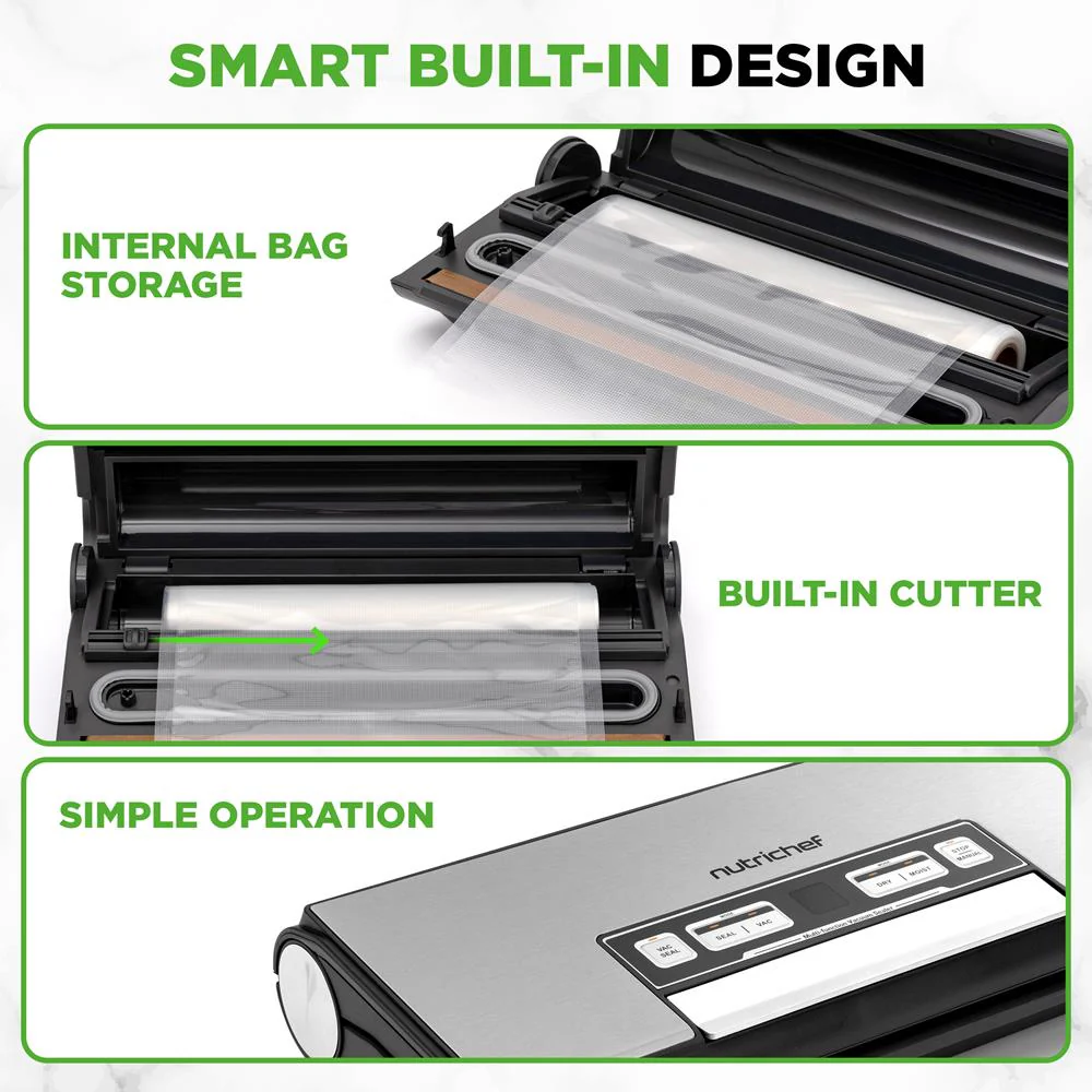Nutrichef Vacuum Sealer Machine - 80Kpa Automatic Food Sealer With Built-In Cutter, Storage Bag Compartment, Air Suction Hose, 1 Roll & 5 Vacuum Bags For Meal Prep, Bulk Storage & Food Portioning (Silver) - Image 5