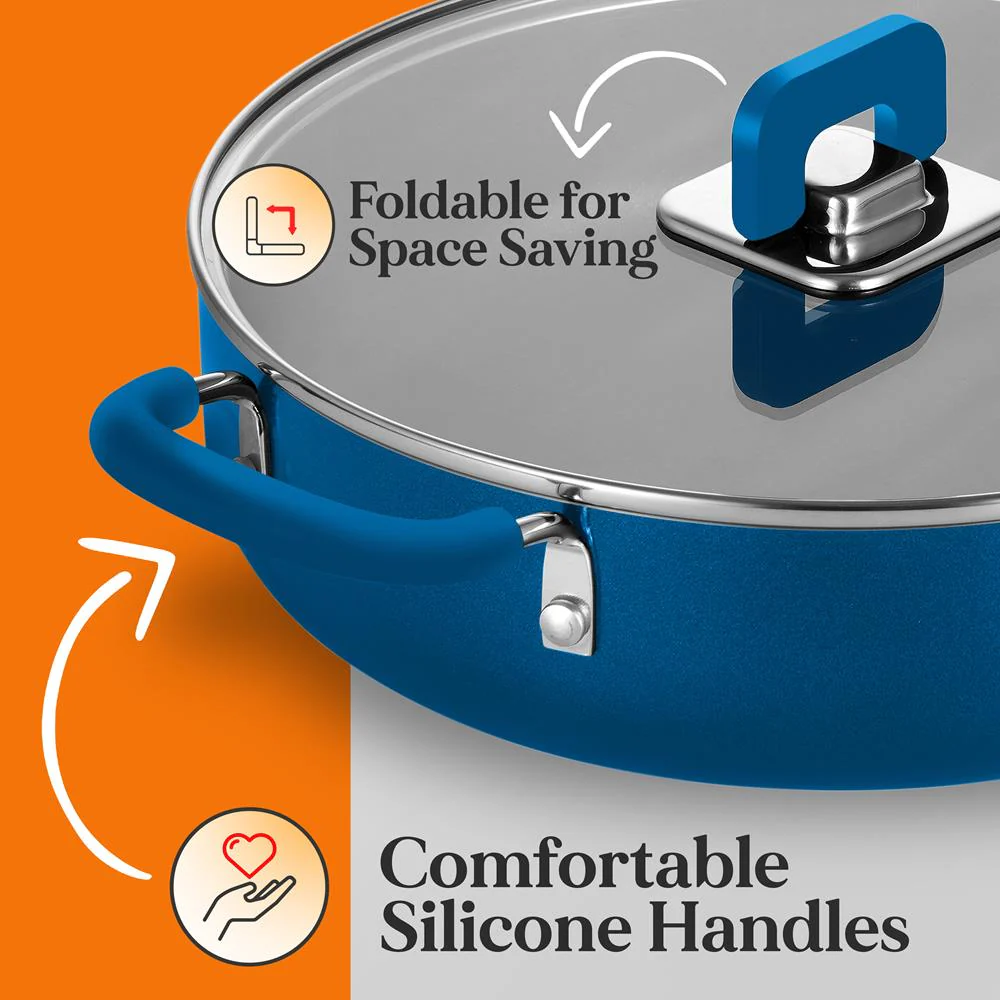 3.7Qt Non-Stick Saute Pan, Foldable Knob, Tempered Glass Lid, Blue - Image 2