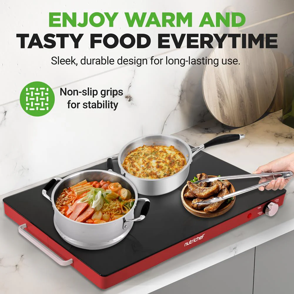 Electric Warming Tray Keeps Food Warm Glass Surface Adjustable Temp Red - Image 2