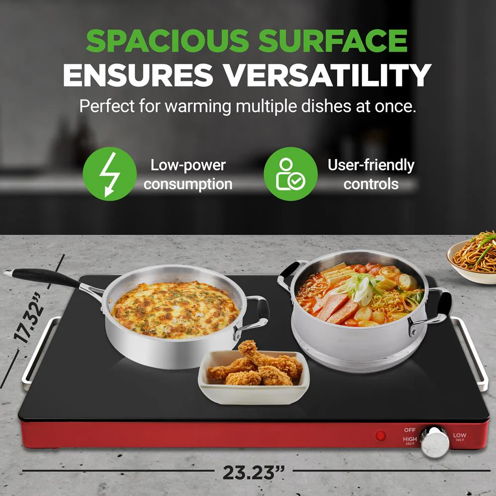 Electric Warming Tray Keeps Food Warm Glass Surface Adjustable Temp Red - Image 4