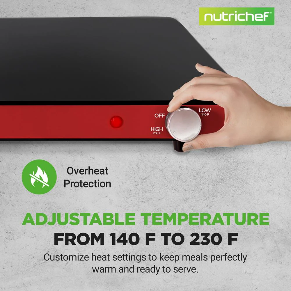 Electric Warming Tray Keeps Food Warm Glass Surface Adjustable Temp Red - Image 5