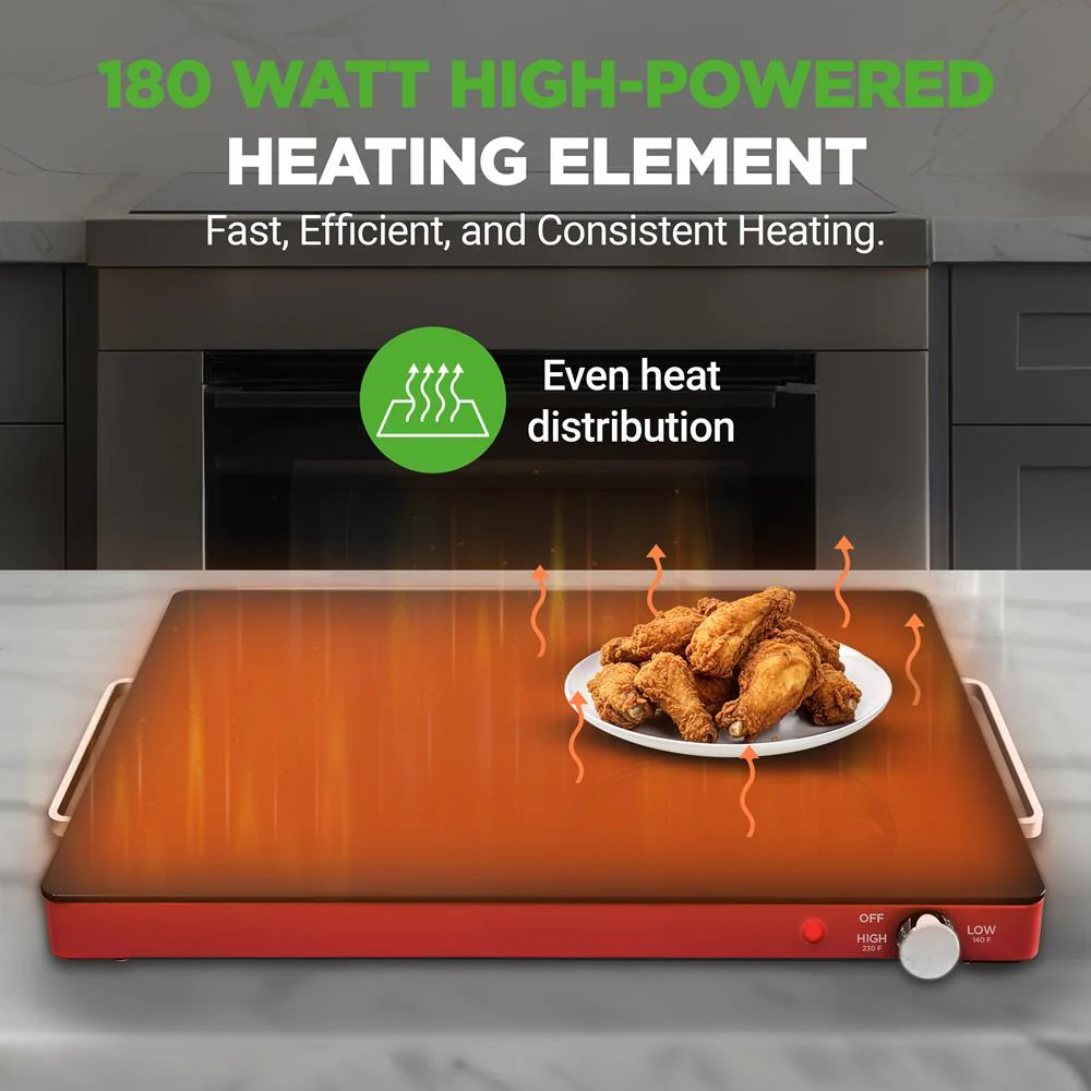 Electric Warming Tray Keeps Food Warm Glass Surface Adjustable Temp Red - Image 6