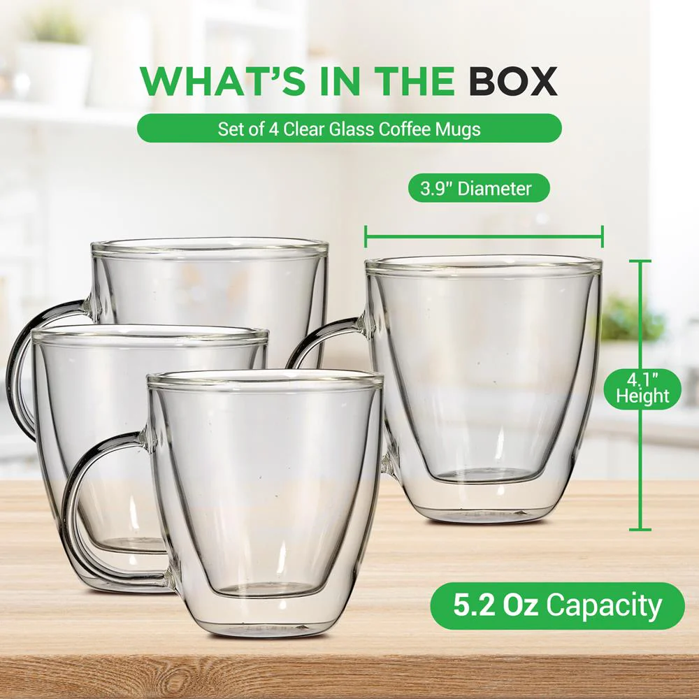 Espresso Cups Set, Insulated Double-Walled Glass, 5.2 Oz, Clear - Image 7