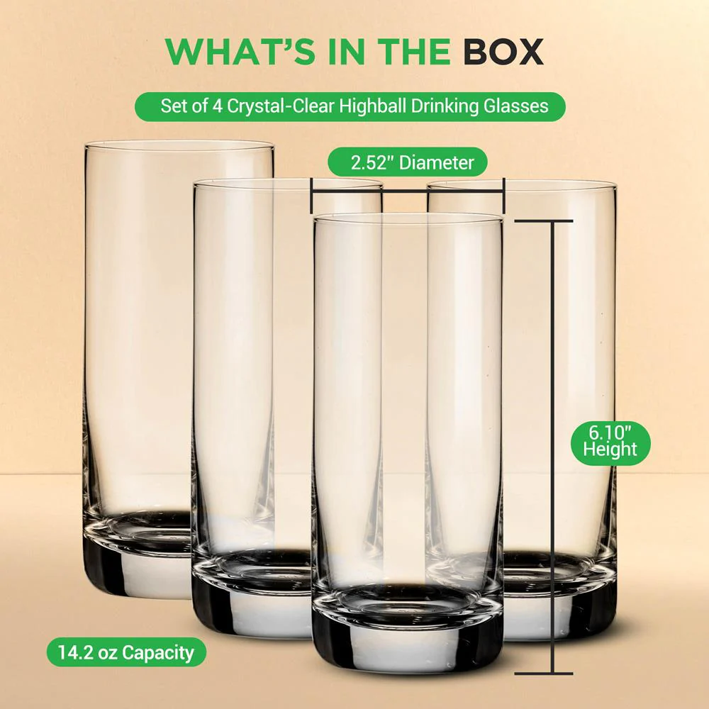 Highball Glasses Set 4, Durable Crystal, 14.2oz, Tall, Clear - Image 7